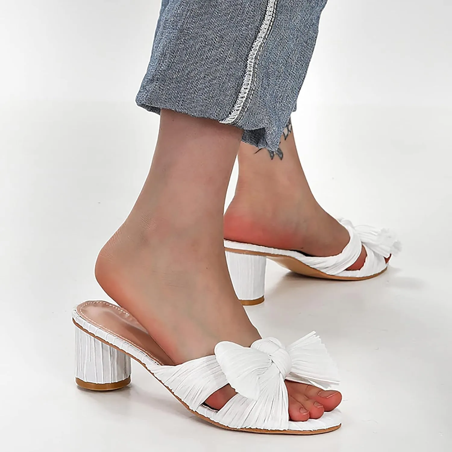Women's Satin Kitten Heels Mules Sandals Slip On Bowknot Open Toe Backless Dress Low Heeled Slipper Slides