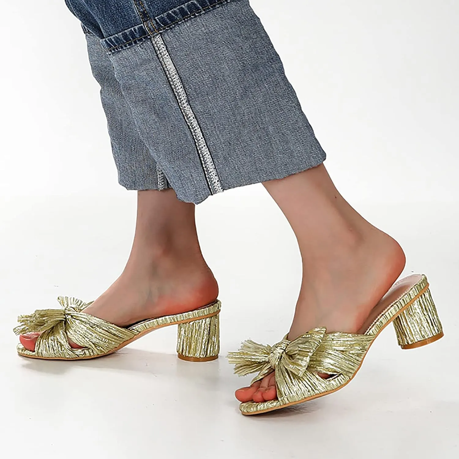 Women's Satin Kitten Heels Mules Sandals Slip On Bowknot Open Toe Backless Dress Low Heeled Slipper Slides