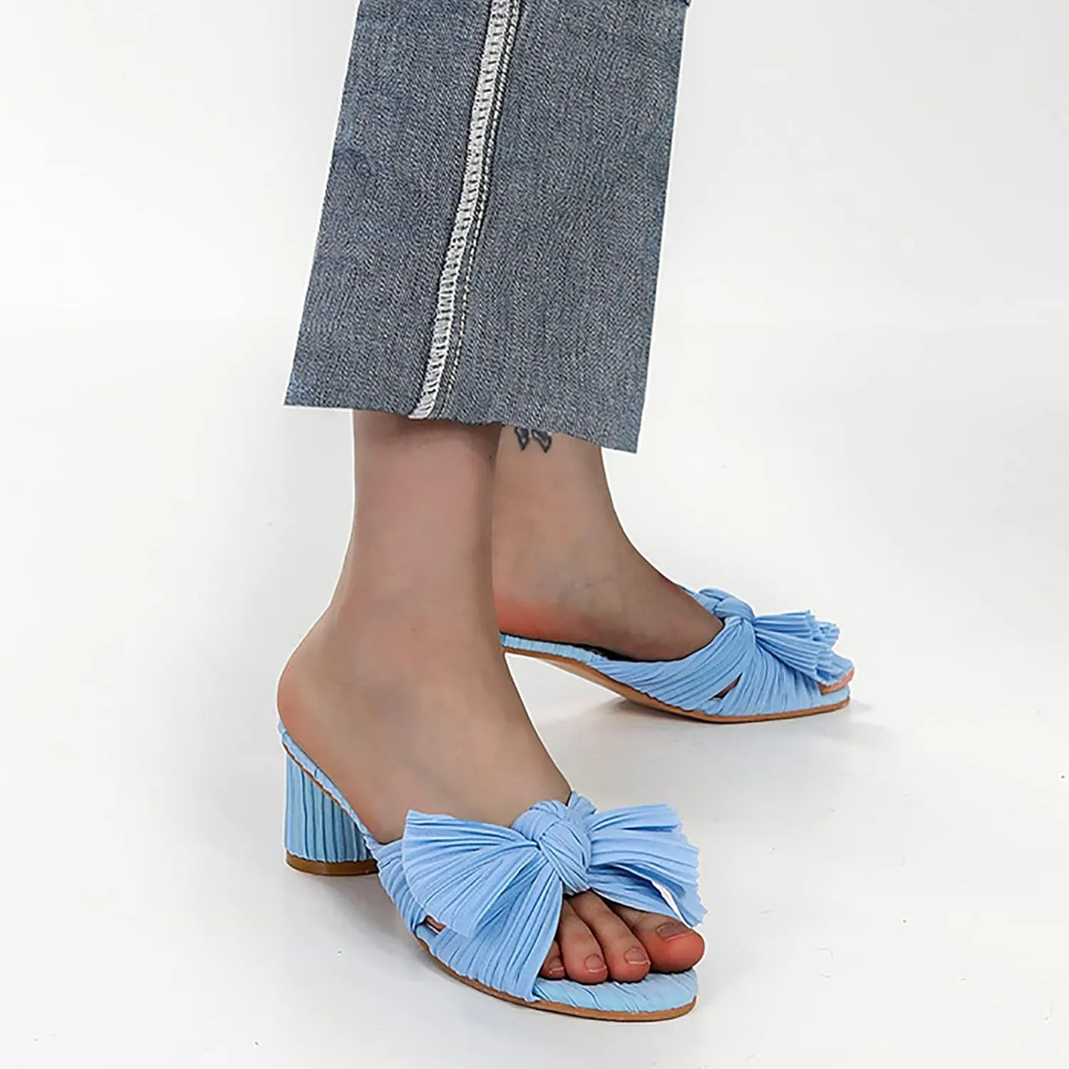 Women's Satin Kitten Heels Mules Sandals Slip On Bowknot Open Toe Backless Dress Low Heeled Slipper Slides