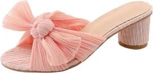 Women's Satin Kitten Heels Mules Sandals Slip On Bowknot Open Toe Backless Dress Low Heeled Slipper Slides