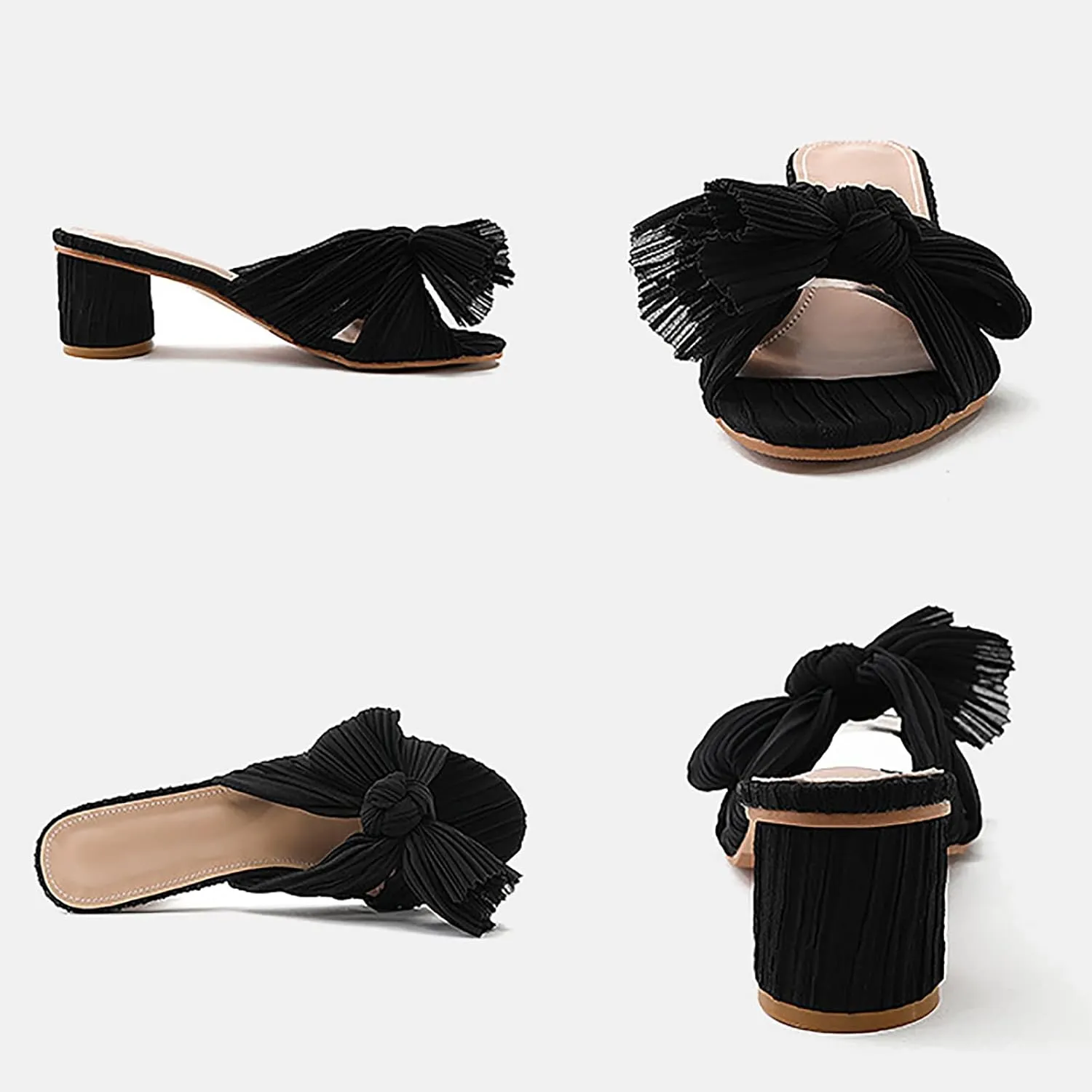 Women's Satin Kitten Heels Mules Sandals Slip On Bowknot Open Toe Backless Dress Low Heeled Slipper Slides