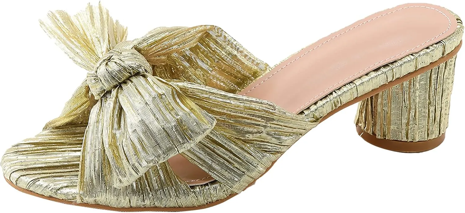 Women's Satin Kitten Heels Mules Sandals Slip On Bowknot Open Toe Backless Dress Low Heeled Slipper Slides