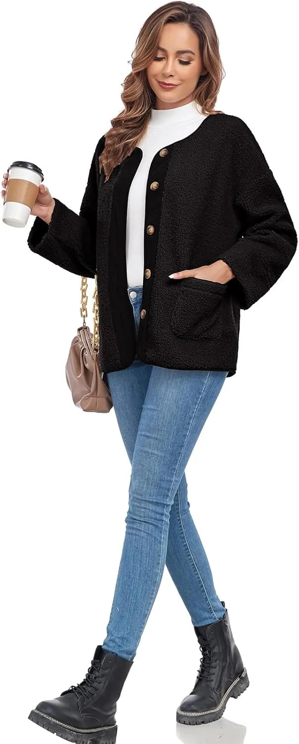 Womens Sherpa Fleece Jacket Casual Long Sleeve Button Up Corduroy Fuzzy Warm Winter Coats Outerwear with Pockets