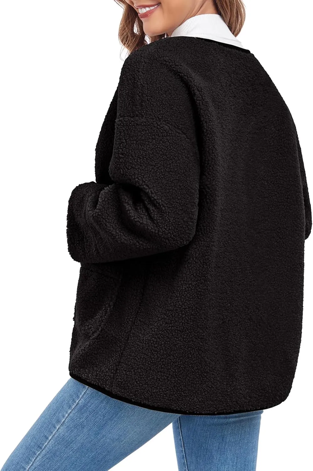 Womens Sherpa Fleece Jacket Casual Long Sleeve Button Up Corduroy Fuzzy Warm Winter Coats Outerwear with Pockets