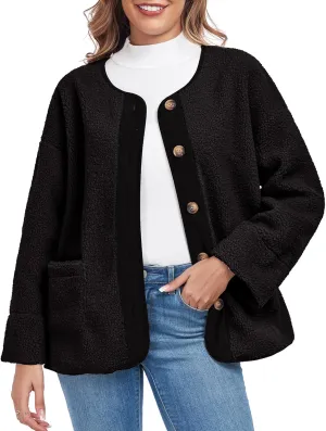 Womens Sherpa Fleece Jacket Casual Long Sleeve Button Up Corduroy Fuzzy Warm Winter Coats Outerwear with Pockets