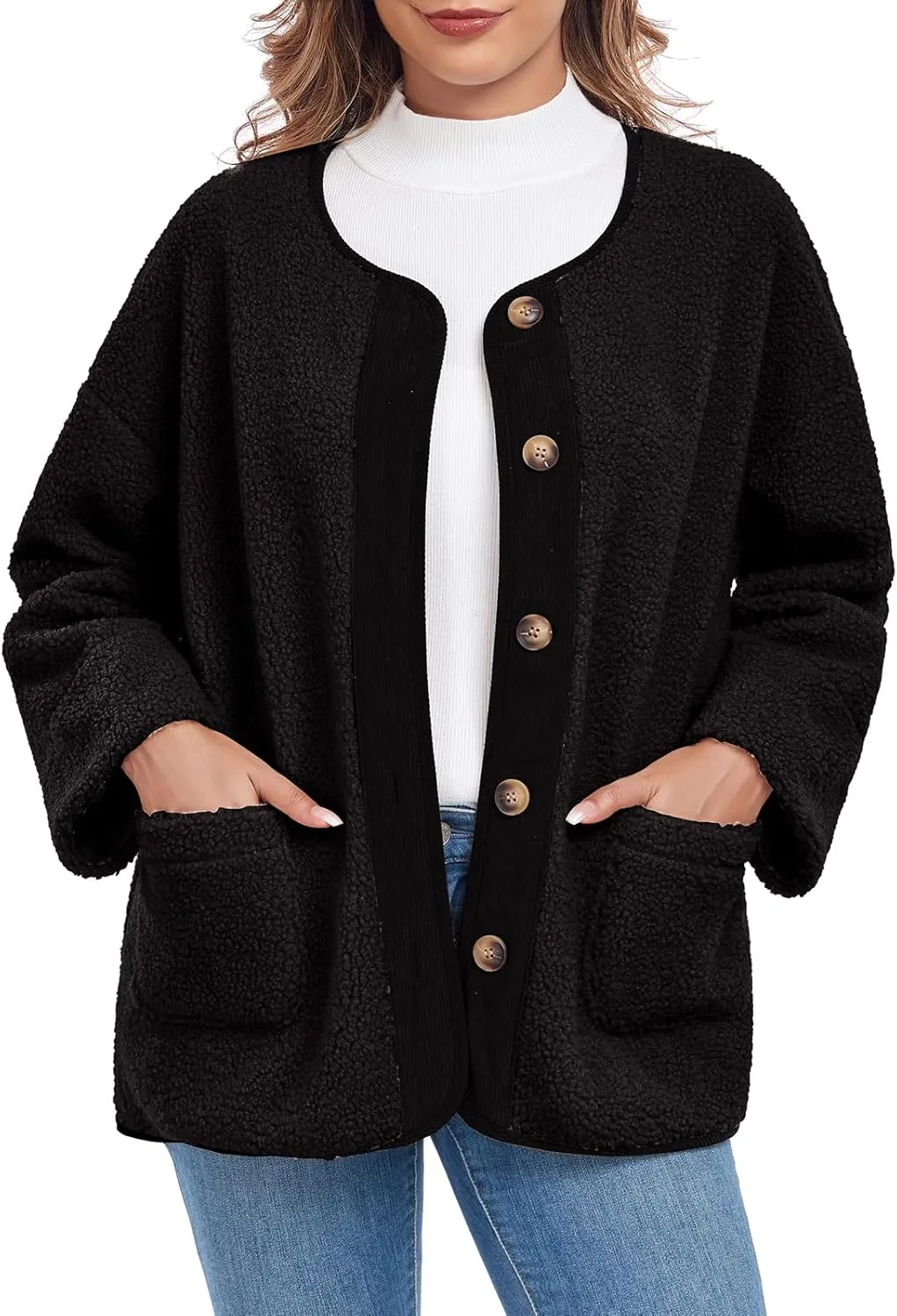 Womens Sherpa Fleece Jacket Casual Long Sleeve Button Up Corduroy Fuzzy Warm Winter Coats Outerwear with Pockets