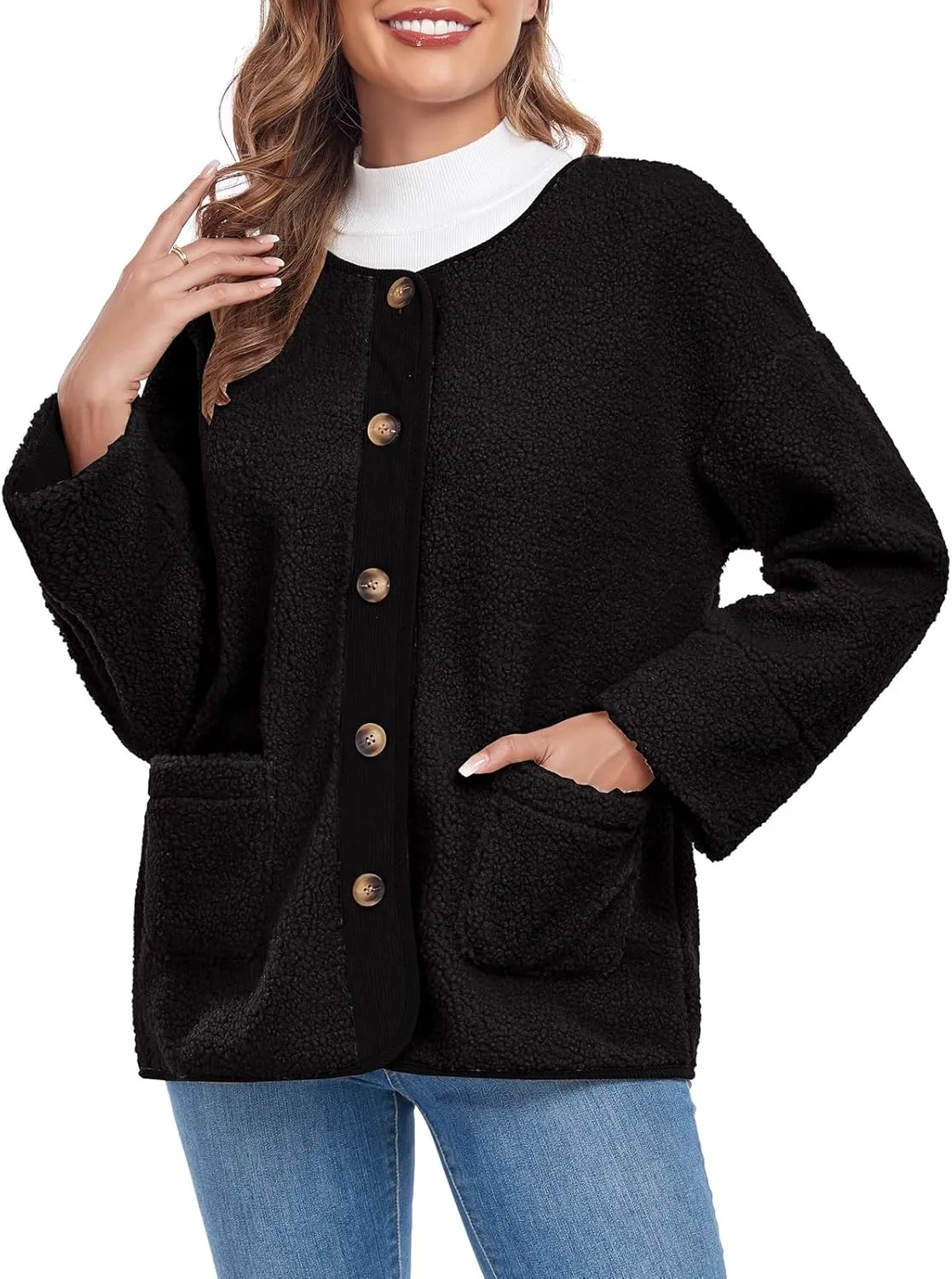 Womens Sherpa Fleece Jacket Casual Long Sleeve Button Up Corduroy Fuzzy Warm Winter Coats Outerwear with Pockets