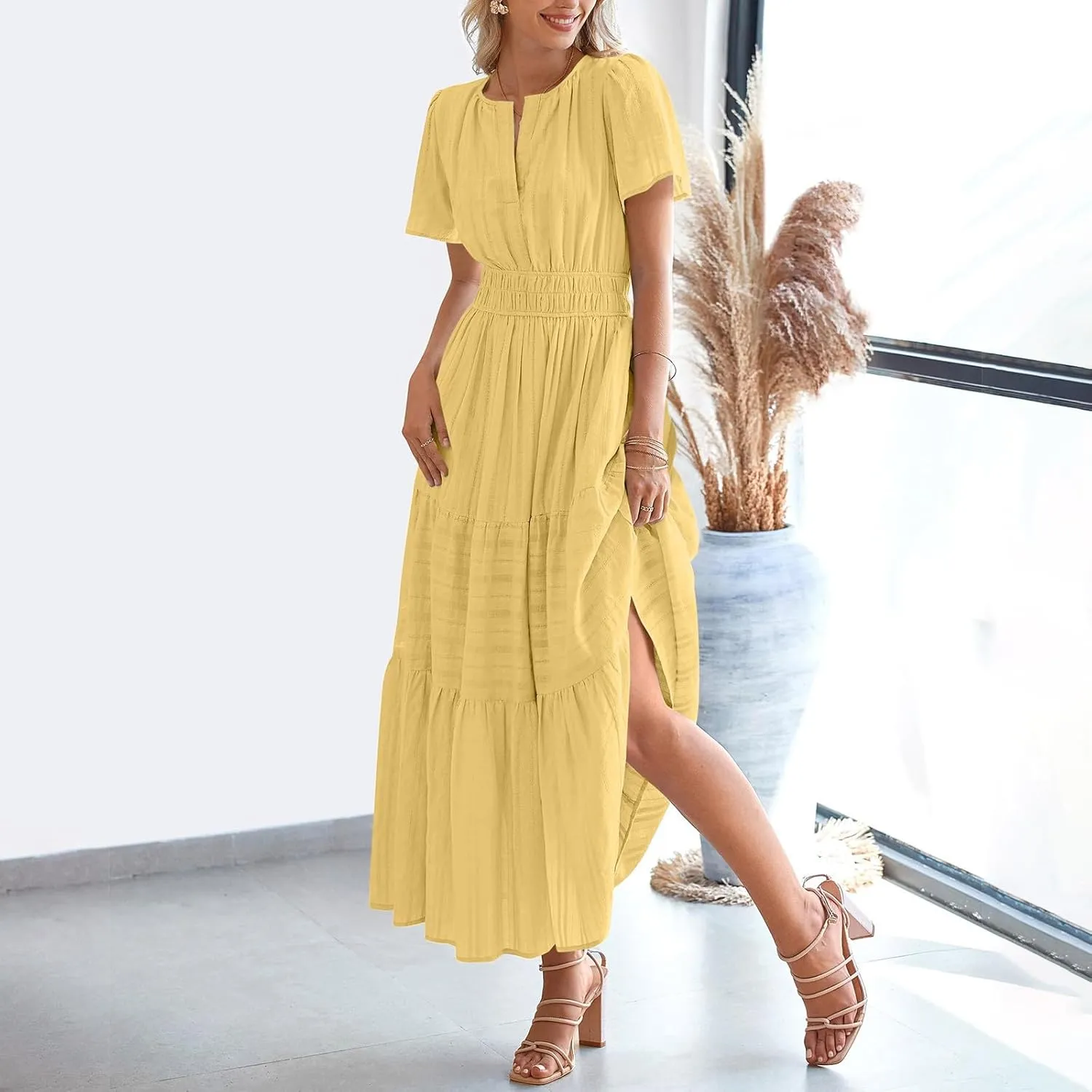 Women's Short Sleeve Fashion Sun Dress Simple Solid Color Beach Dresses Flowy Casual Clothes