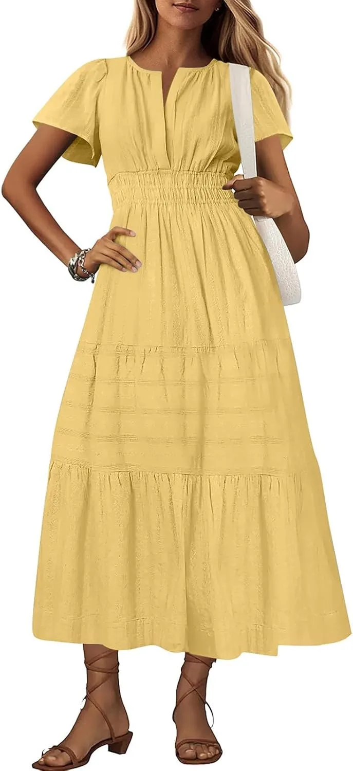 Women's Short Sleeve Fashion Sun Dress Simple Solid Color Beach Dresses Flowy Casual Clothes