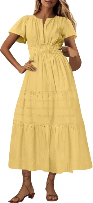Women's Short Sleeve Fashion Sun Dress Simple Solid Color Beach Dresses Flowy Casual Clothes