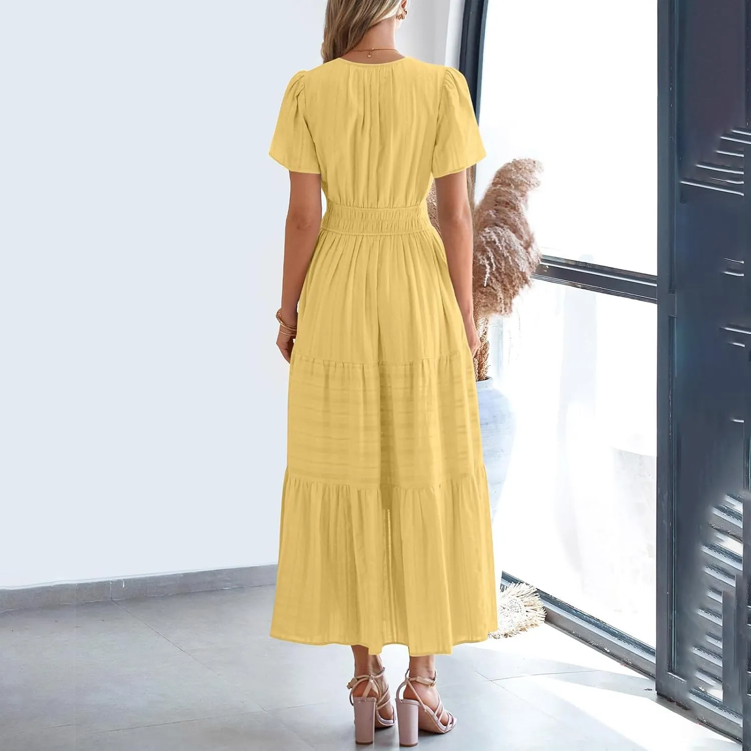 Women's Short Sleeve Fashion Sun Dress Simple Solid Color Beach Dresses Flowy Casual Clothes