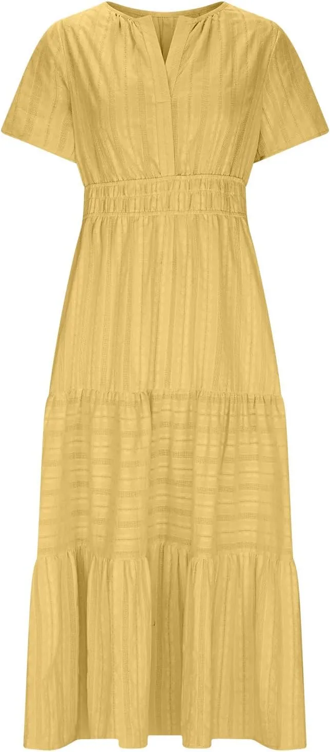 Women's Short Sleeve Fashion Sun Dress Simple Solid Color Beach Dresses Flowy Casual Clothes