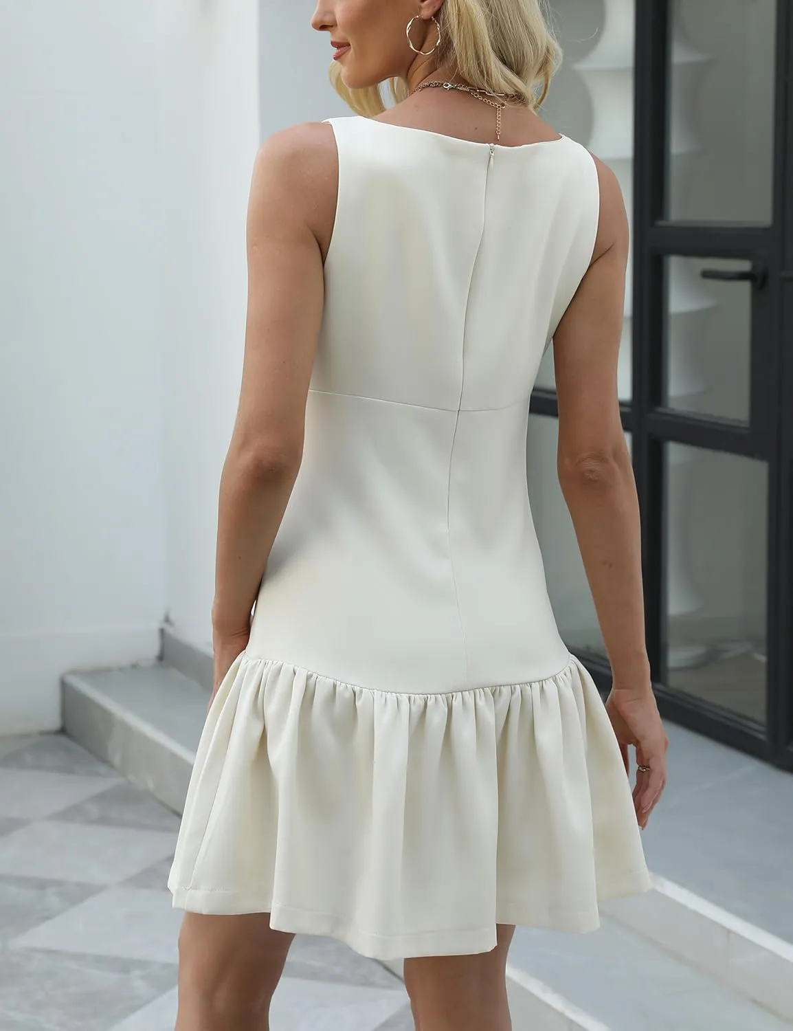 Womens Sleeveless Pleated Dress Girdling A Line Solid Color Pullover Round Neck Bow Zipper Back Mini Dress