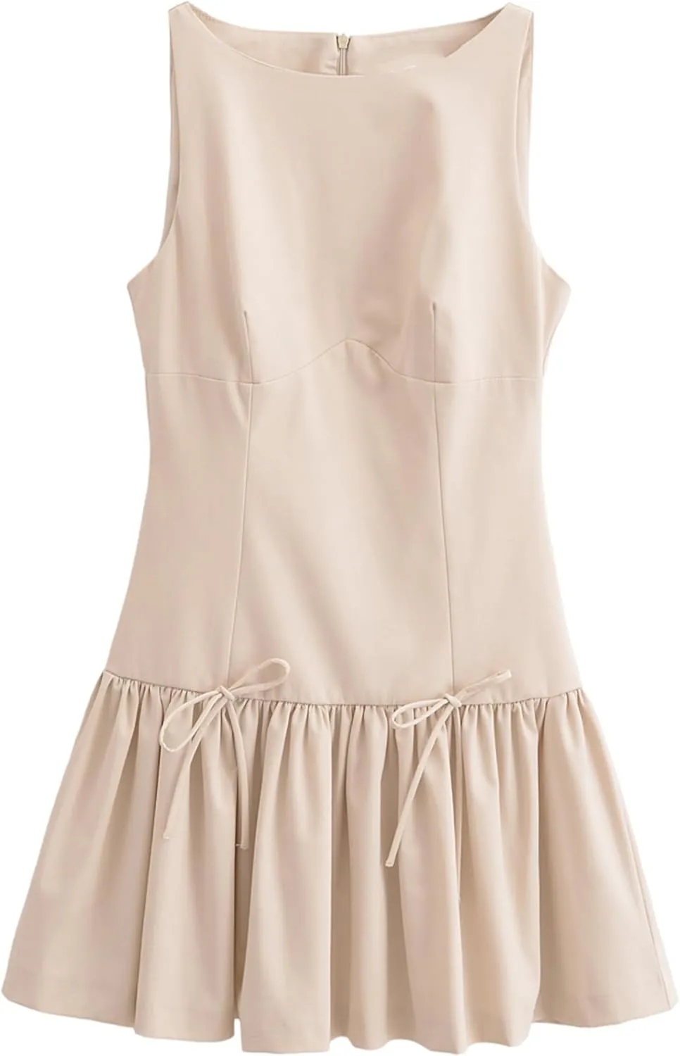 Womens Sleeveless Pleated Dress Girdling A Line Solid Color Pullover Round Neck Bow Zipper Back Mini Dress