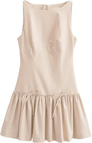 Womens Sleeveless Pleated Dress Girdling A Line Solid Color Pullover Round Neck Bow Zipper Back Mini Dress