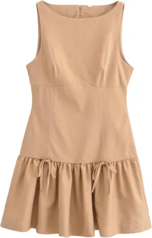 Womens Sleeveless Pleated Dress Girdling A Line Solid Color Pullover Round Neck Bow Zipper Back Mini Dress(Khaki-S)