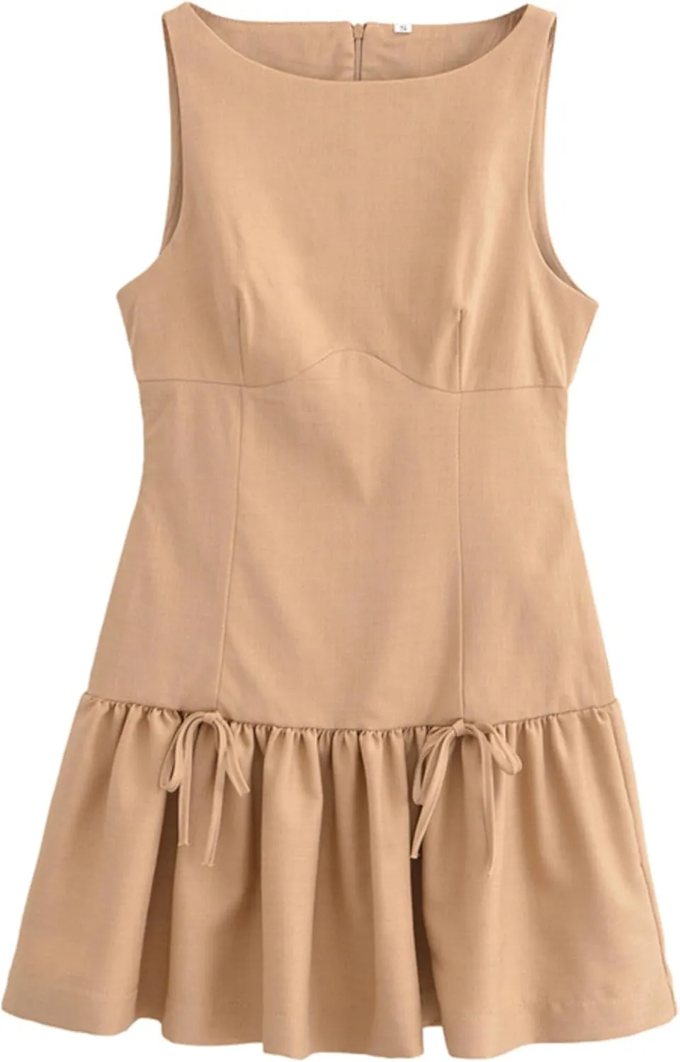 Womens Sleeveless Pleated Dress Girdling A Line Solid Color Pullover Round Neck Bow Zipper Back Mini Dress(Khaki-S)