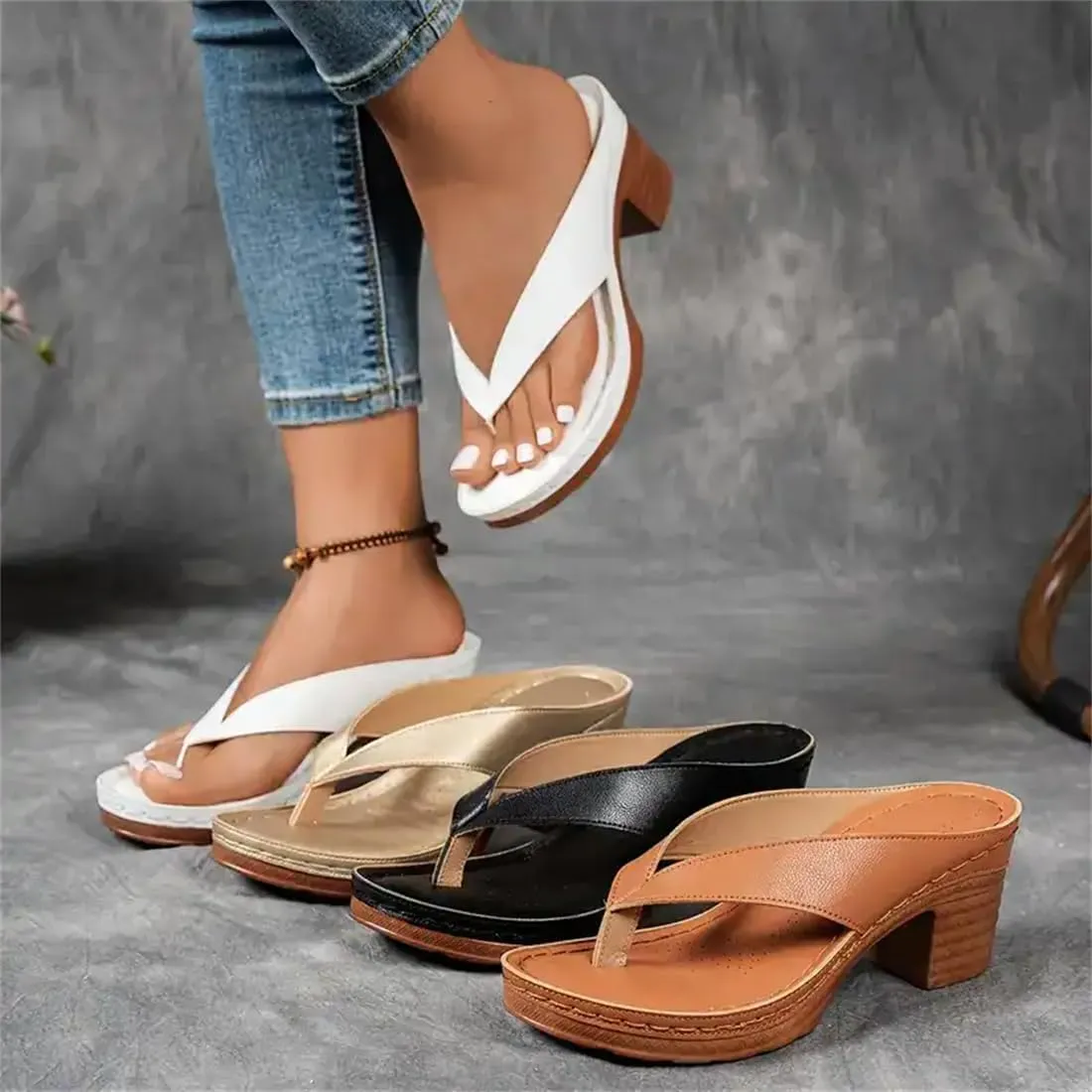 Women's Solid Color Summer Chunky Heel Sandals, Slip on Open Toe Square Toe Comfortable Heeled Sandals Mules for Women Block Flip Flops Heeled Sandals
