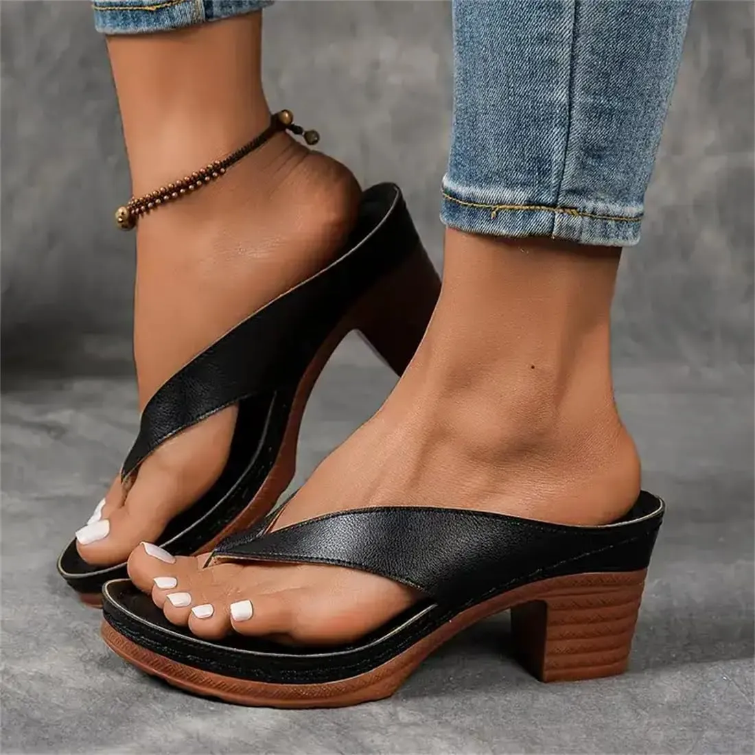 Women's Solid Color Summer Chunky Heel Sandals, Slip on Open Toe Square Toe Comfortable Heeled Sandals Mules for Women Block Flip Flops Heeled Sandals