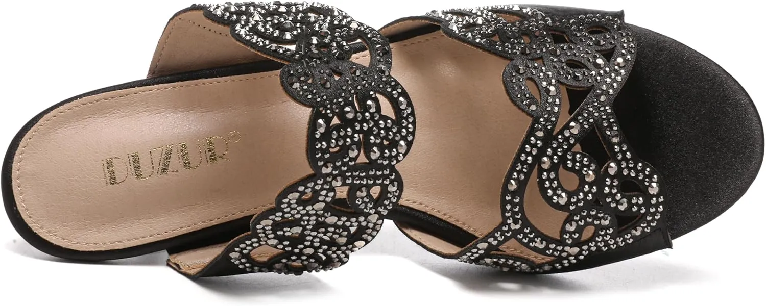 Womens Sparkly Kitten Heel Sandals,Ladies Summer Rhinestones Glitter Wedding Evening Slides Double Strap Dressy Casual Bling Low Heel Slip on Party Trendy Fancy Memory Foam Comfortable Shoe