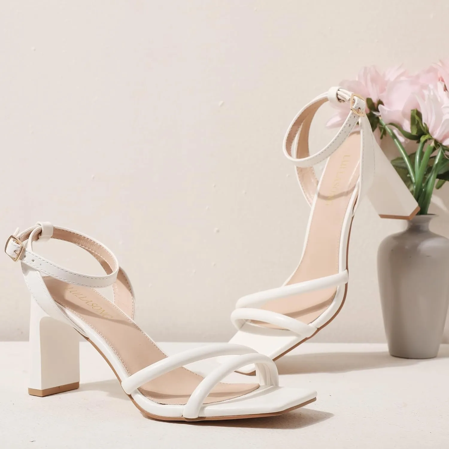 Womens Strappy Heeled Sandals Square Open Toe Chunky High Heels Strappy Ankle Buckle Pump Sandals Sexy Dress Party Shoes