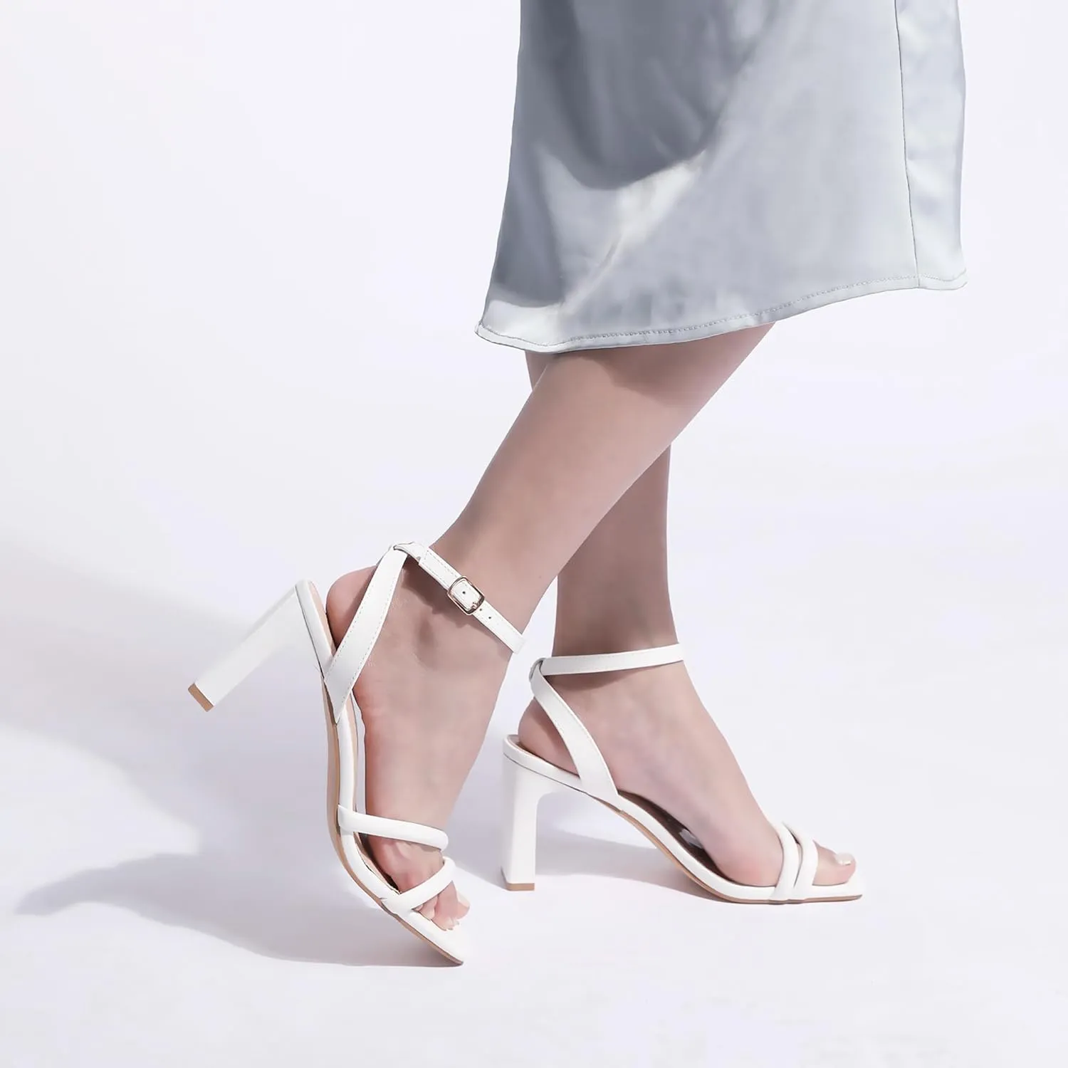 Womens Strappy Heeled Sandals Square Open Toe Chunky High Heels Strappy Ankle Buckle Pump Sandals Sexy Dress Party Shoes