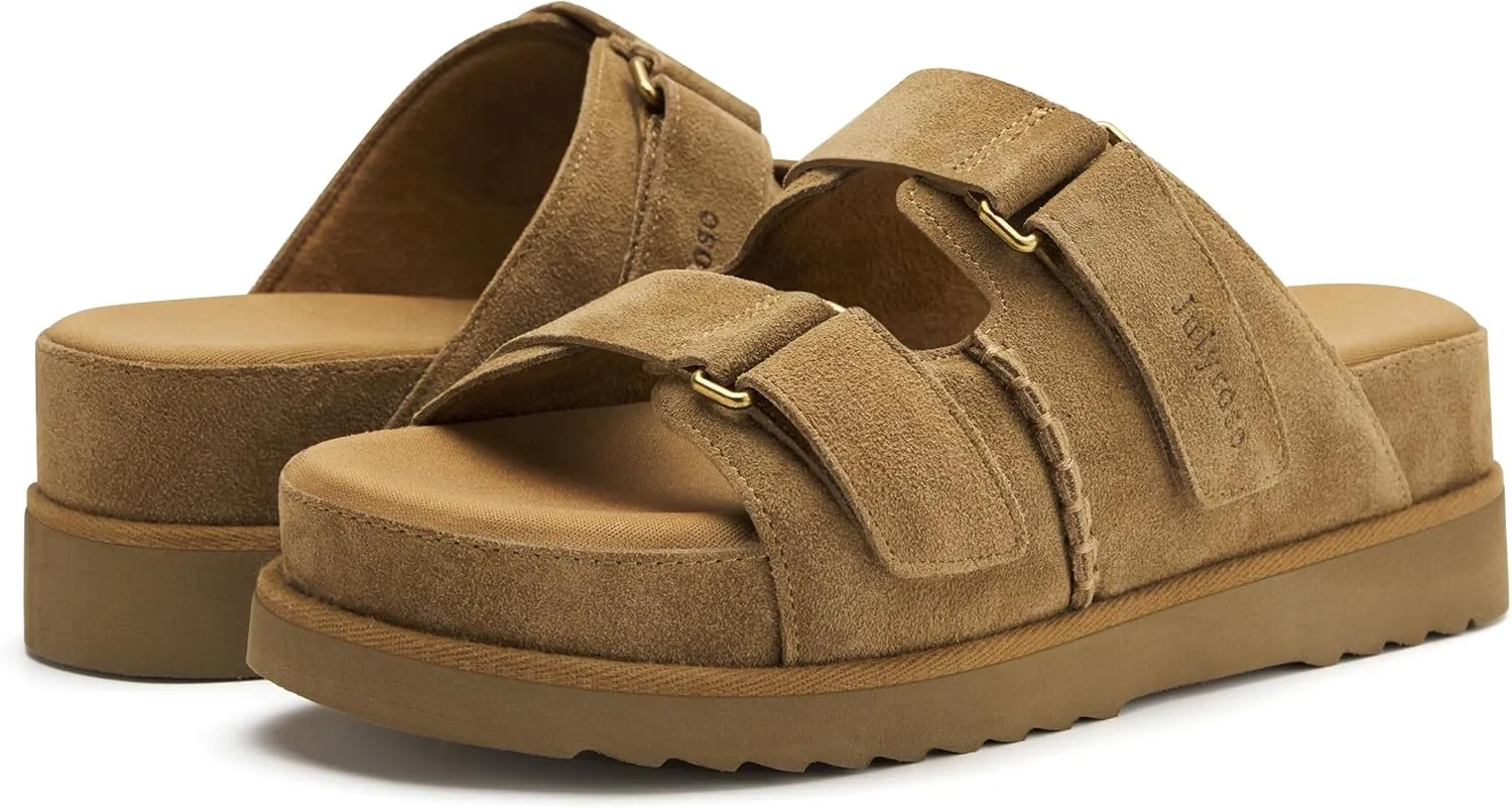 Women's Suede Leather Platform Sandals Adjustable Double Straps EVA Outsole Slip on Slide Sandals Open Toe Softness Fashionable