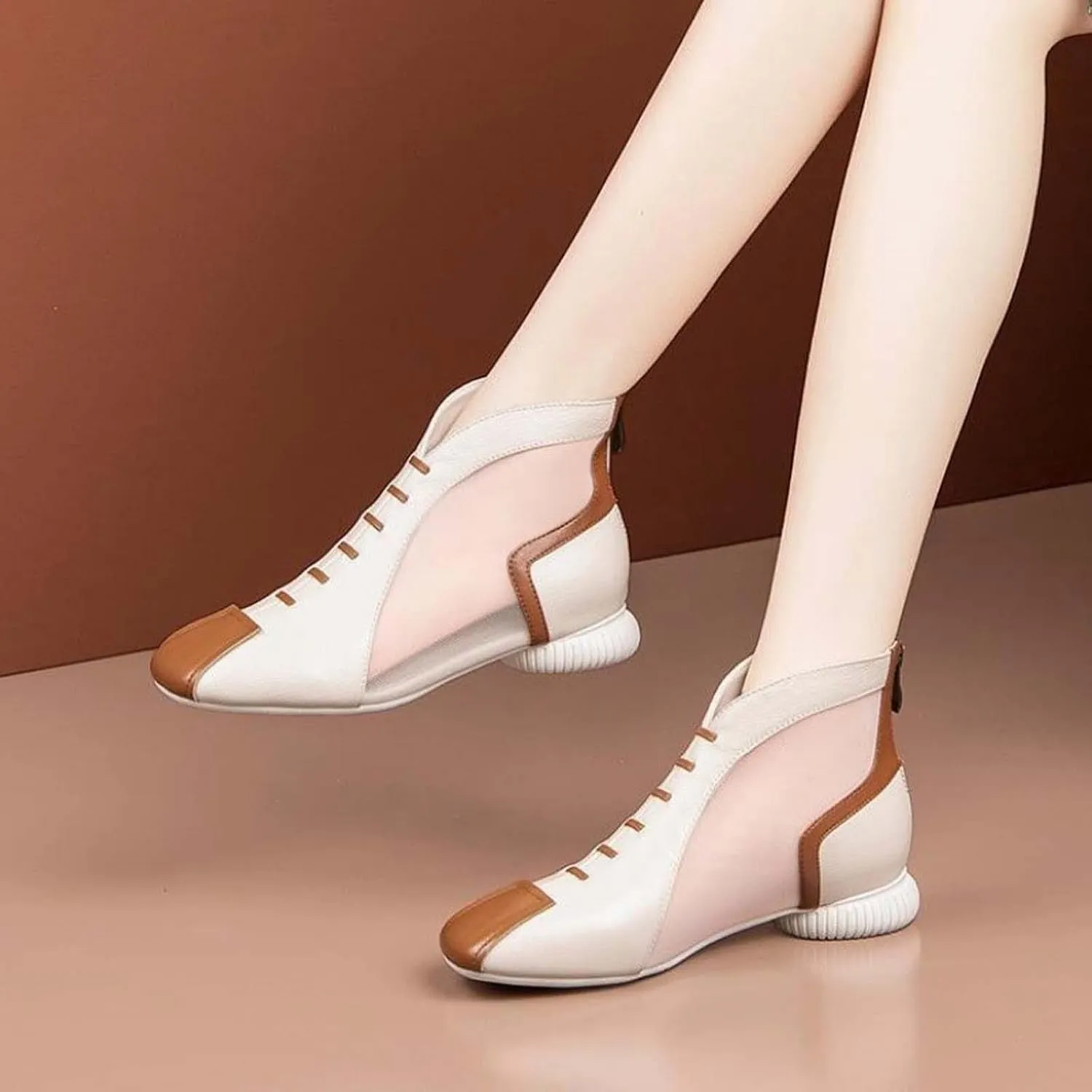 Womens Summer Breathable Mesh Ankle Boots Casual Lightweight Walking Booties Color Block Imitation Leather Boot 2025 New