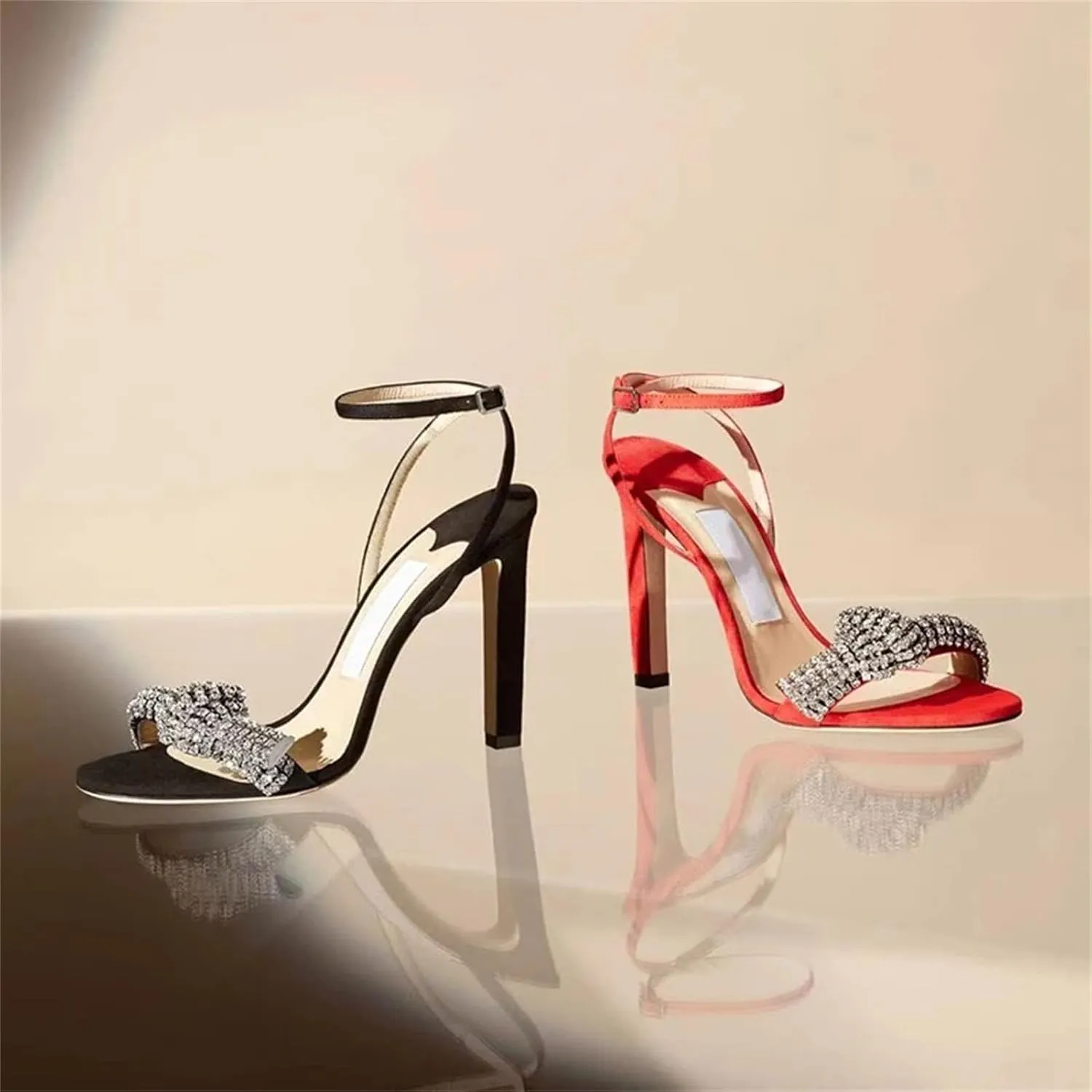 Women's Summer Crystal Gladiator Sandals, Ankle Strap High Heels Red Bridal Wedding Black Rhinestone