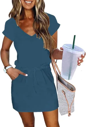 Womens Summer Dress Lantern Sleeve Square Neck Tie Front A-Line Double Layer Hem Mini Dresses