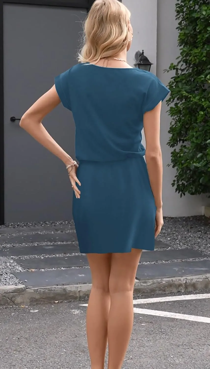 Womens Summer Dress Lantern Sleeve Square Neck Tie Front A-Line Double Layer Hem Mini Dresses