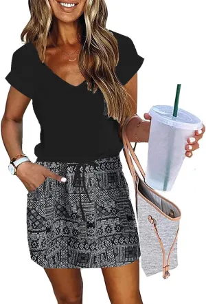 Womens Summer Dress Lantern Sleeve Square Neck Tie Front A-Line Double Layer Hem Mini Dresses