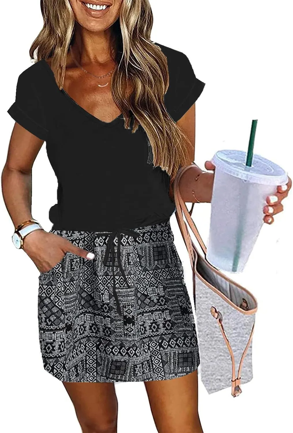 Womens Summer Dress Lantern Sleeve Square Neck Tie Front A-Line Double Layer Hem Mini Dresses