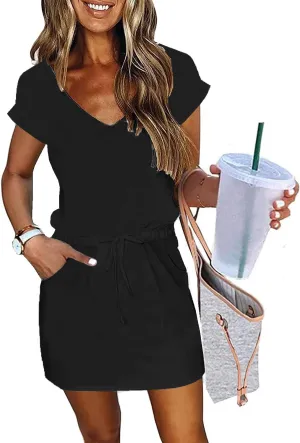 Womens Summer Dress Lantern Sleeve Square Neck Tie Front A-Line Double Layer Hem Mini Dresses