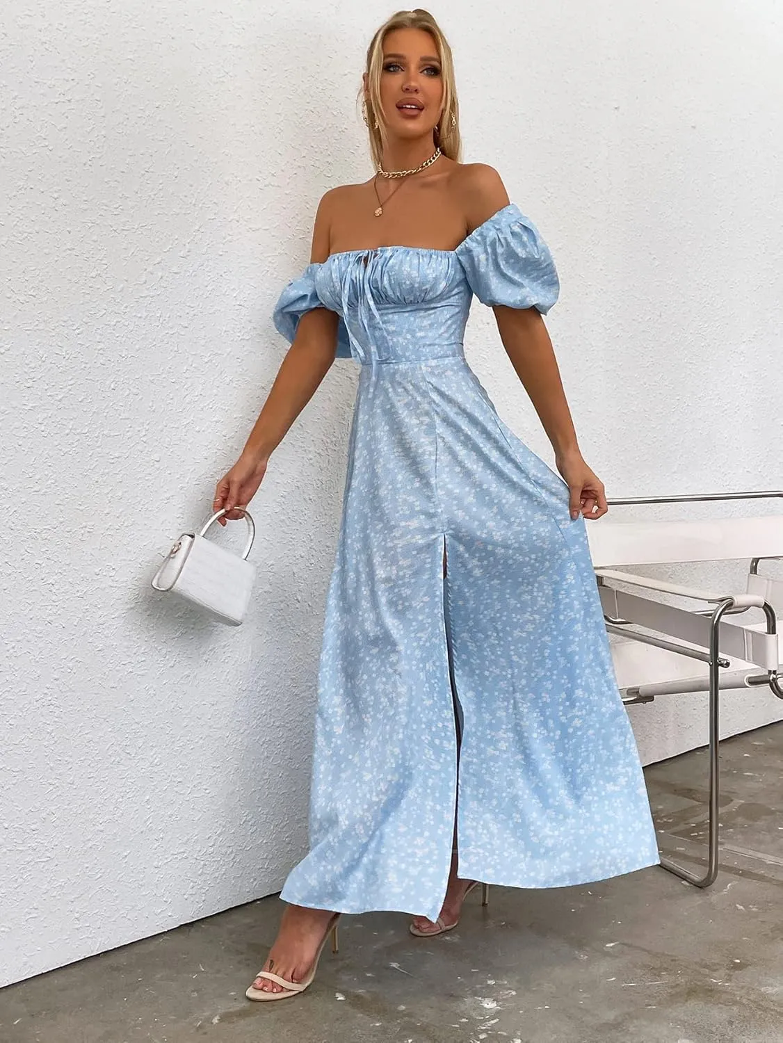 Women's Summer Puff Sleeve Floral Split Maxi Dress Flowy A Line Casual Beach Long Dresses 2025