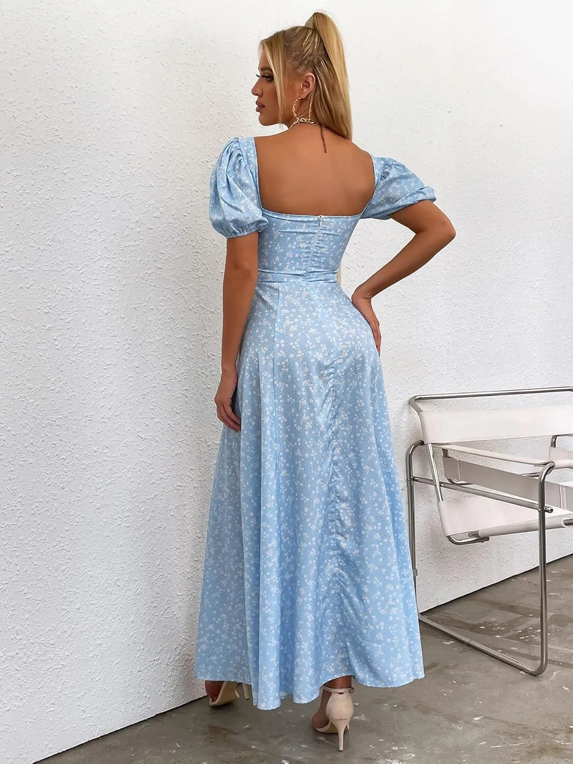 Women's Summer Puff Sleeve Floral Split Maxi Dress Flowy A Line Casual Beach Long Dresses 2025
