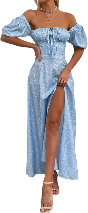 Women's Summer Puff Sleeve Floral Split Maxi Dress Flowy A Line Casual Beach Long Dresses 2025