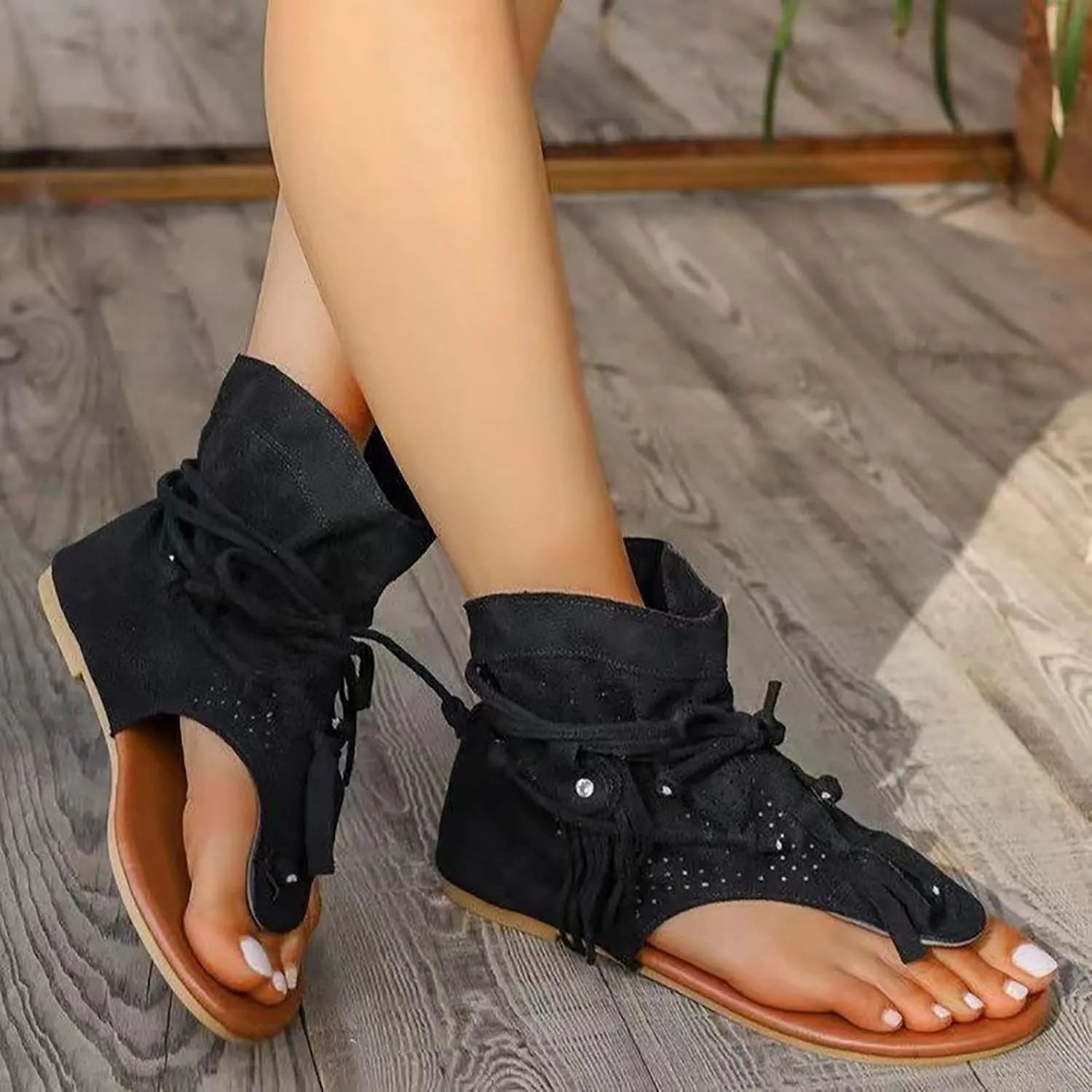 Women's Tassel Gladiator Flip Flops Sandals,Summer Retro Bohemian T-Strap Roman Open-Toe Sandals Casual Beach Flat Clip Toe Ankle Boots