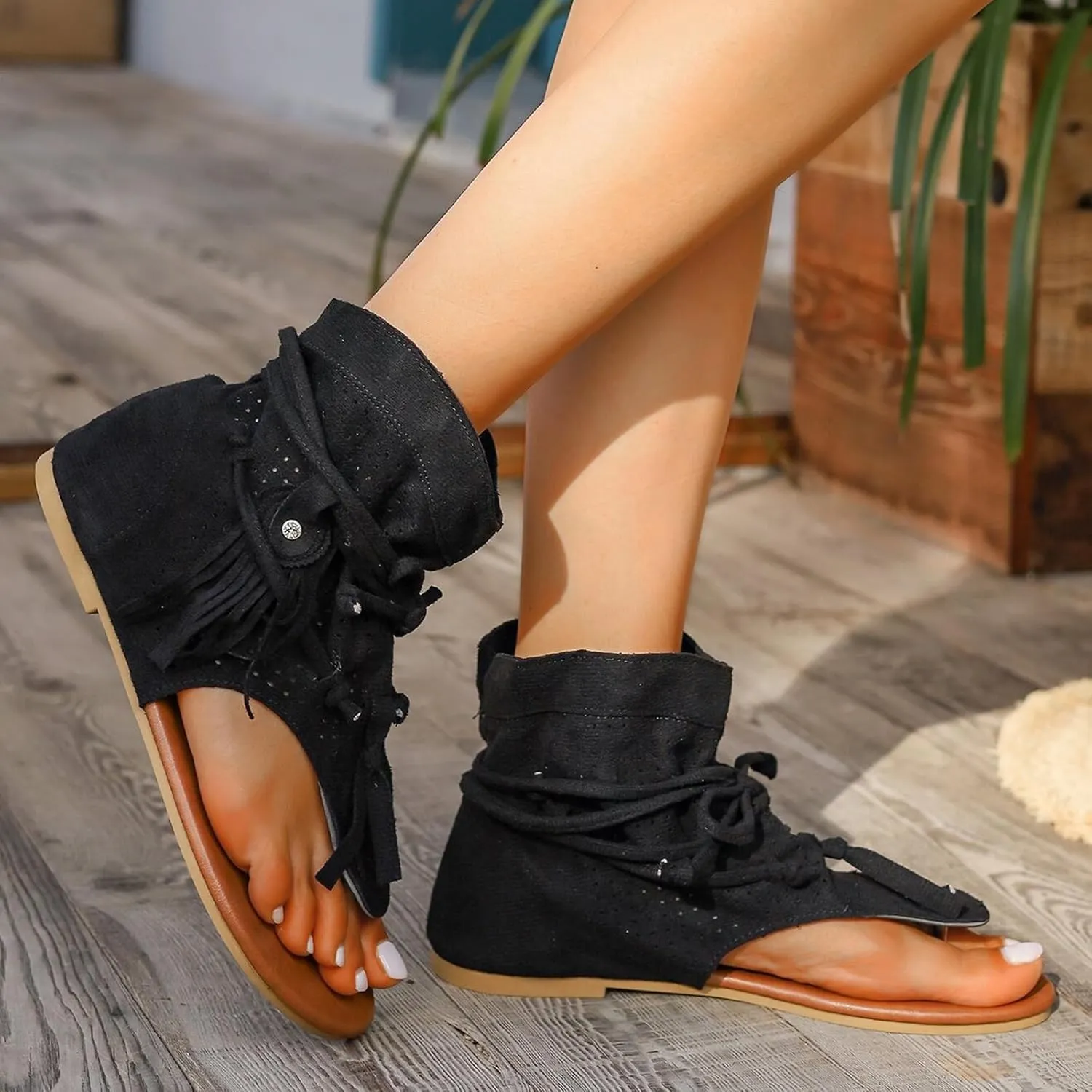 Women's Tassel Gladiator Flip Flops Sandals,Summer Retro Bohemian T-Strap Roman Open-Toe Sandals Casual Beach Flat Clip Toe Ankle Boots