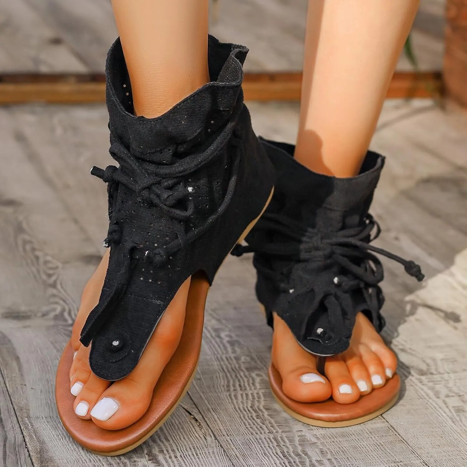 Women's Tassel Gladiator Flip Flops Sandals,Summer Retro Bohemian T-Strap Roman Open-Toe Sandals Casual Beach Flat Clip Toe Ankle Boots