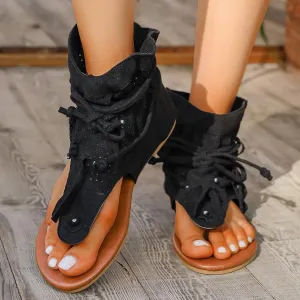 Women's Tassel Gladiator Flip Flops Sandals,Summer Retro Bohemian T-Strap Roman Open-Toe Sandals Casual Beach Flat Clip Toe Ankle Boots