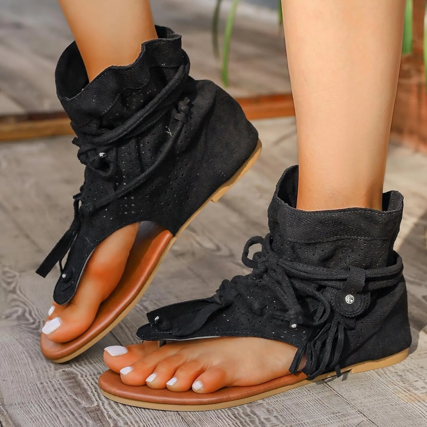 Women's Tassel Gladiator Flip Flops Sandals,Summer Retro Bohemian T-Strap Roman Open-Toe Sandals Casual Beach Flat Clip Toe Ankle Boots