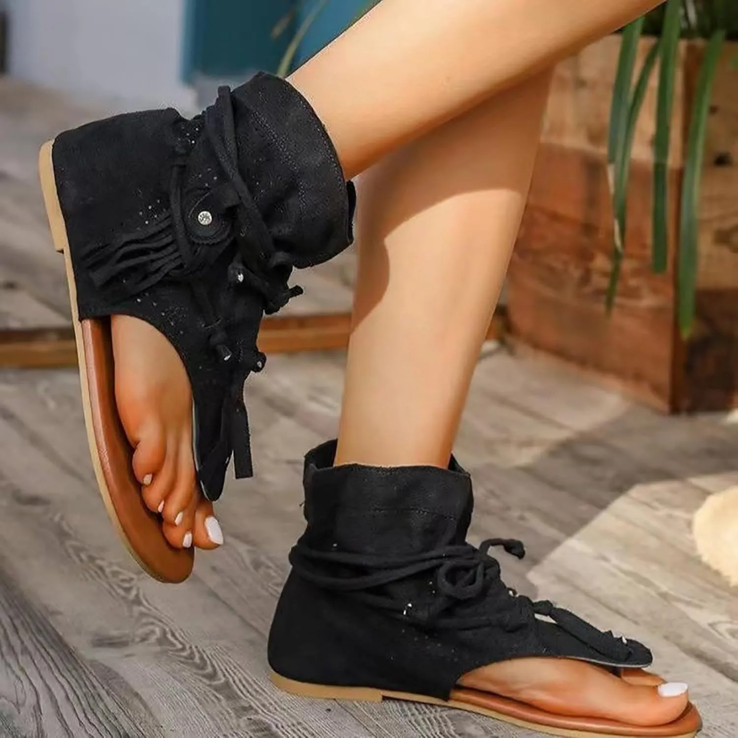 Women's Tassel Gladiator Flip Flops Sandals,Summer Retro Bohemian T-Strap Roman Open-Toe Sandals Casual Beach Flat Clip Toe Ankle Boots