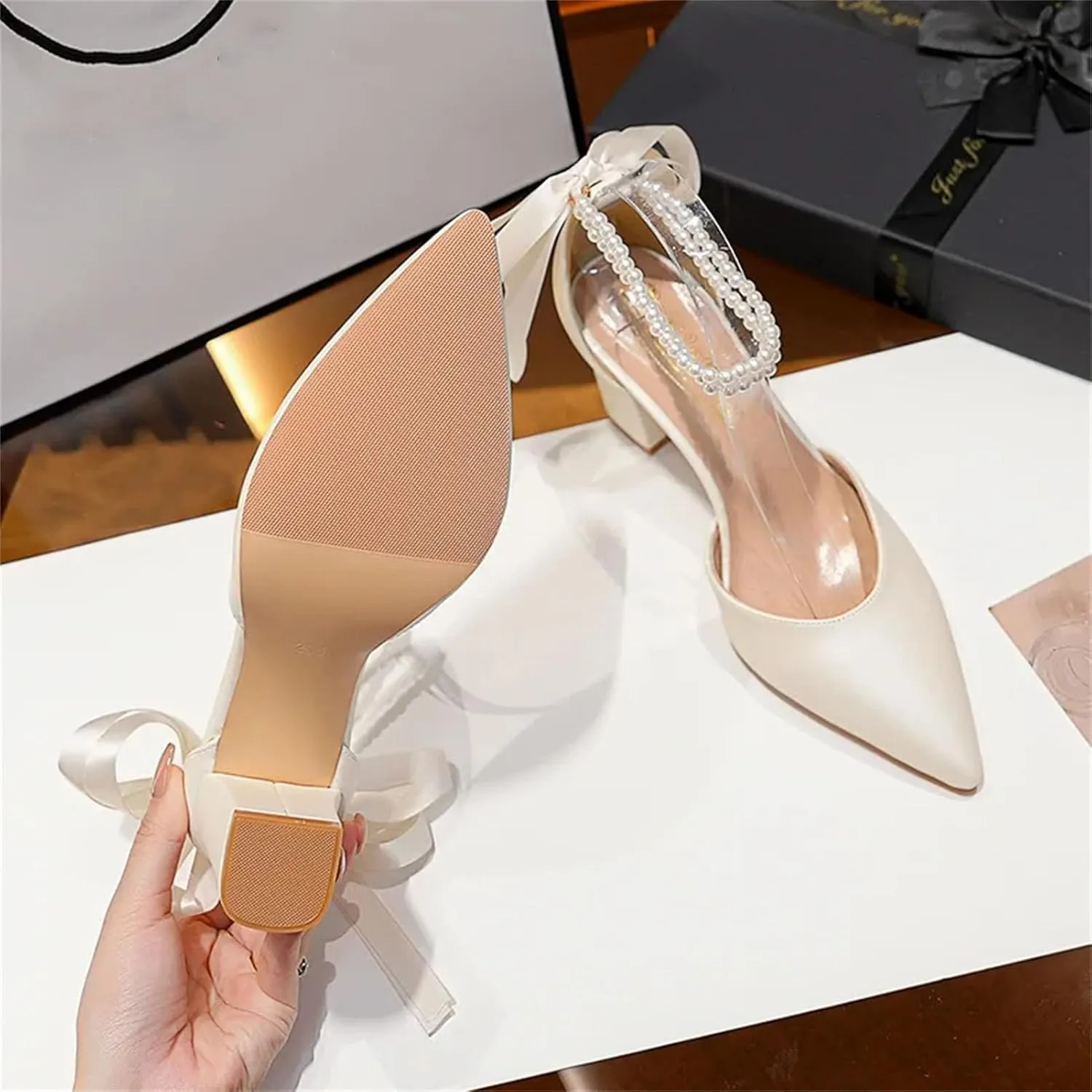 Women's Thick Heels High Heels, Pointed Pearl Chain Ribbon Bow Tie Ivory White Wedding Shoes