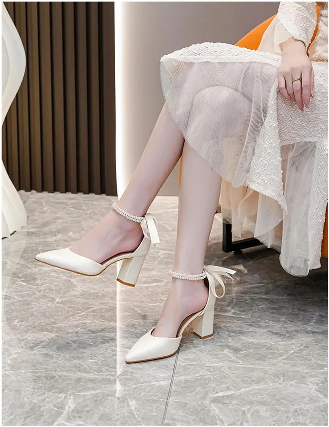 Women's Thick Heels High Heels, Pointed Pearl Chain Ribbon Bow Tie Ivory White Wedding Shoes