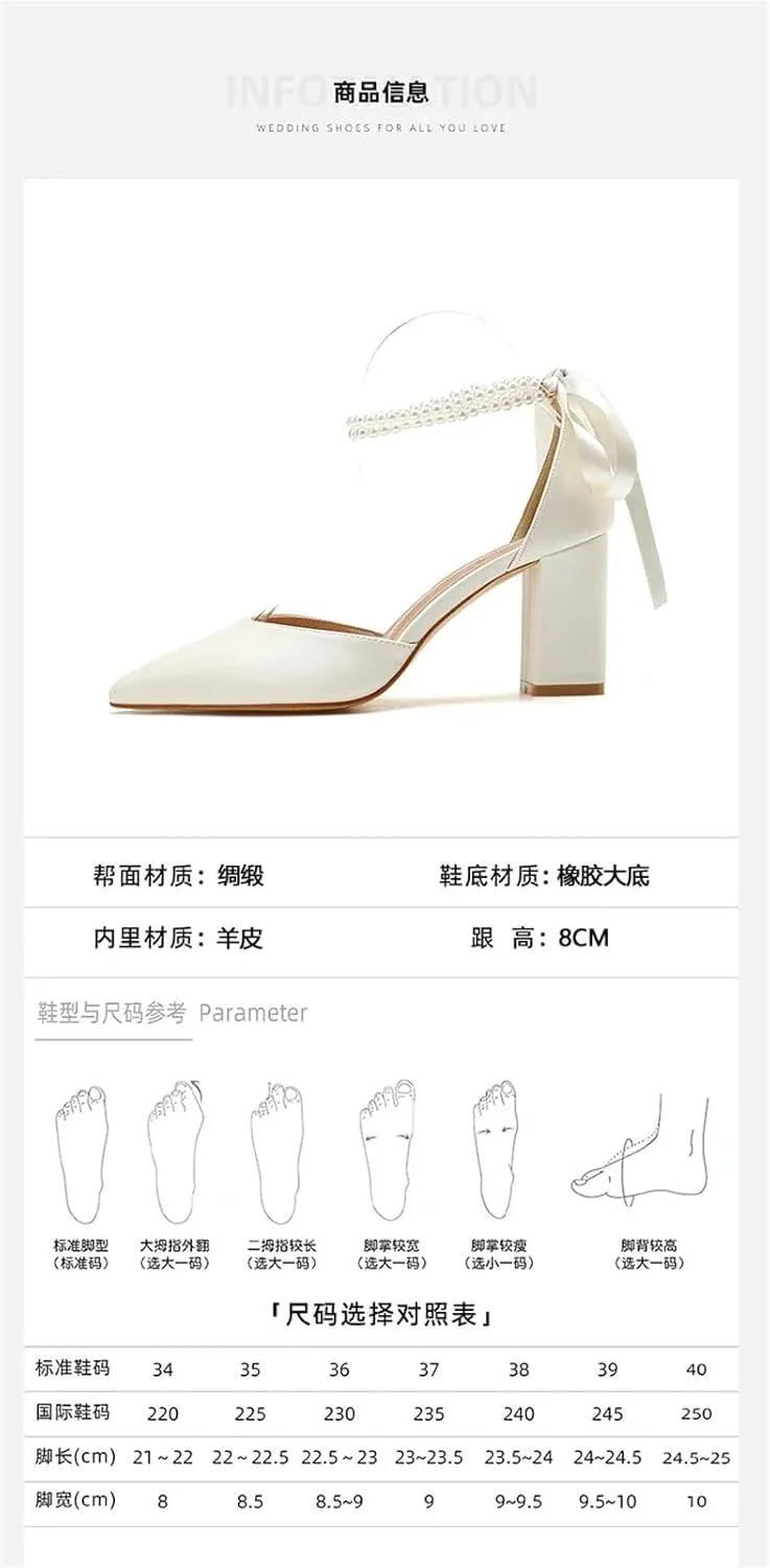 Women's Thick Heels High Heels, Pointed Pearl Chain Ribbon Bow Tie Ivory White Wedding Shoes