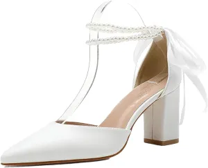 Women's Thick Heels High Heels, Pointed Pearl Chain Ribbon Bow Tie Ivory White Wedding Shoes