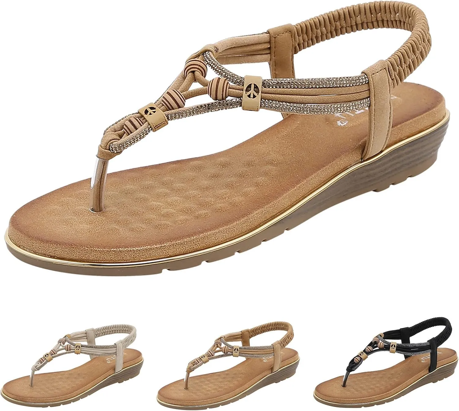 Women's Toe Separate Elastic Straps Open Toe Wedge Sandals Slingback Beaded Fashion Beach Flip Flops Shoes