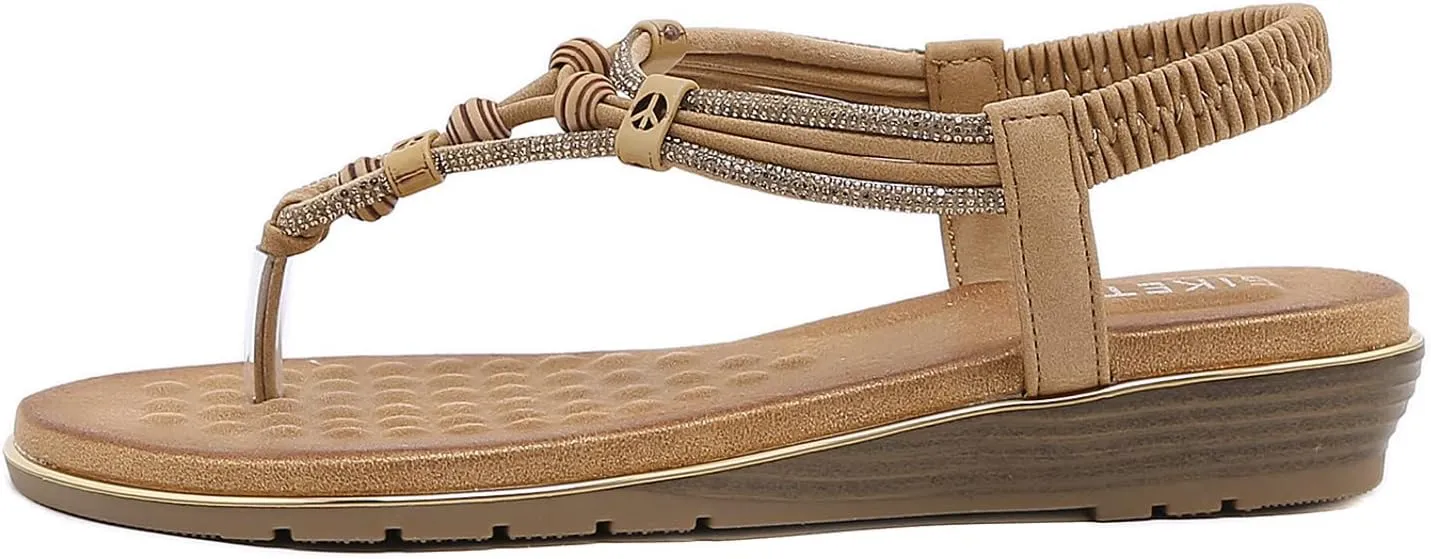 Women's Toe Separate Elastic Straps Open Toe Wedge Sandals Slingback Beaded Fashion Beach Flip Flops Shoes
