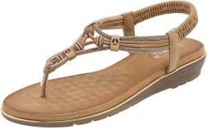 Women's Toe Separate Elastic Straps Open Toe Wedge Sandals Slingback Beaded Fashion Beach Flip Flops Shoes